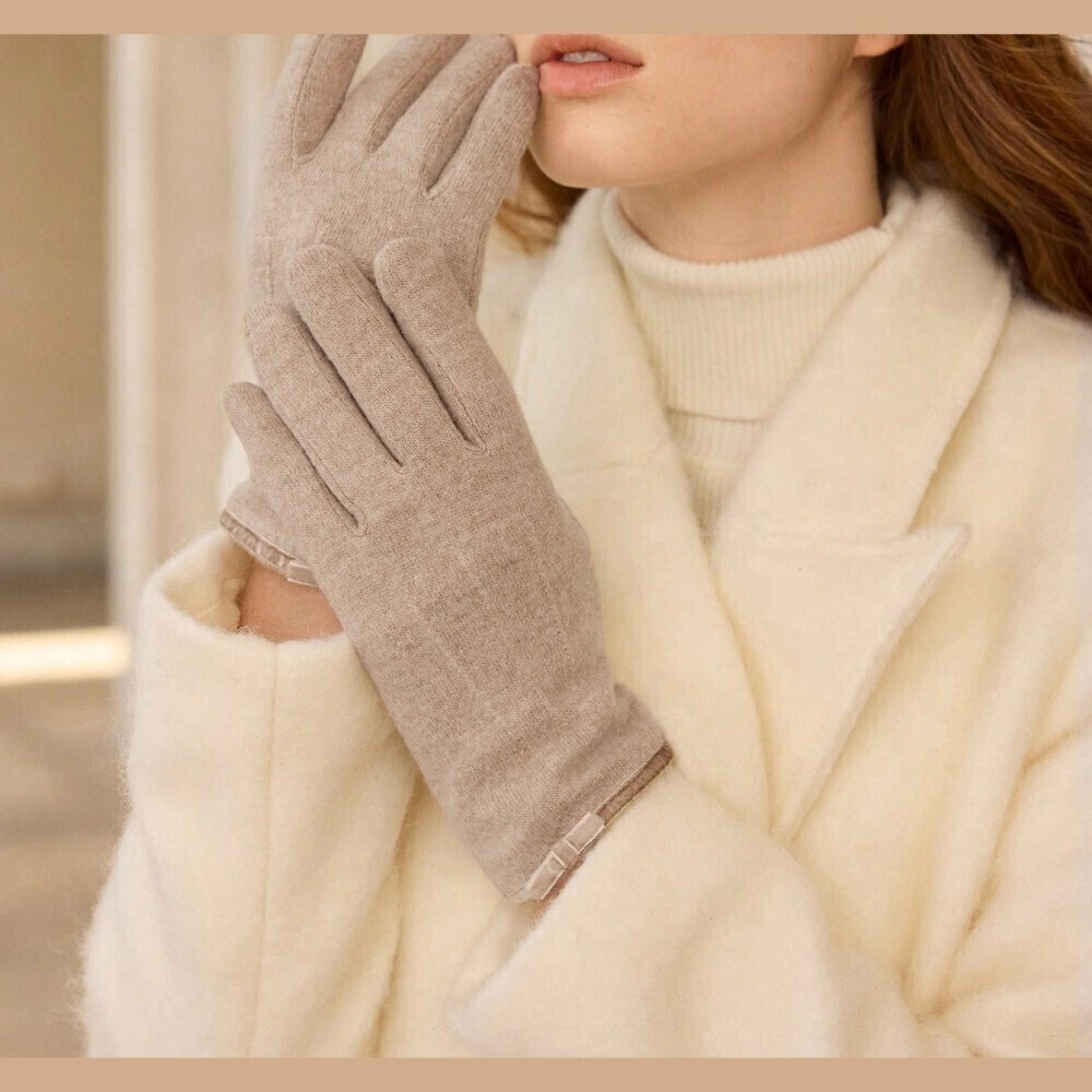 Taupe Knit Bow Trim Full Finger Knit Gloves